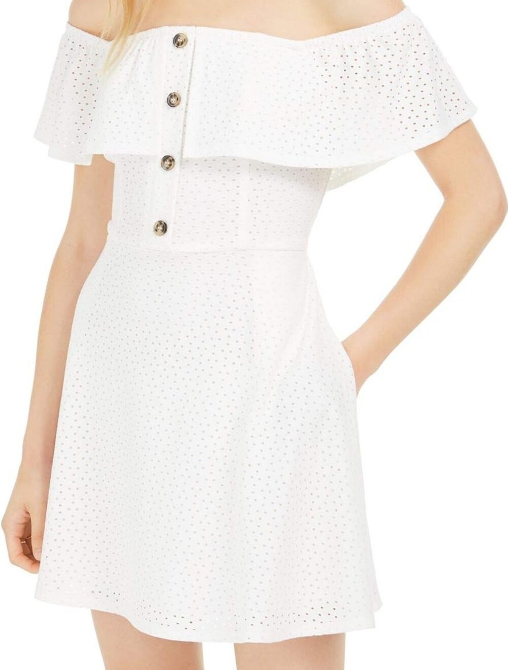 Speechless White One-Shoulder Eyelet Dress with Button Front